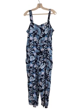 Ann Taylor Loft Pineapple Dream Jumpsuit Blue Floral Drawstring Waist Size 12 P